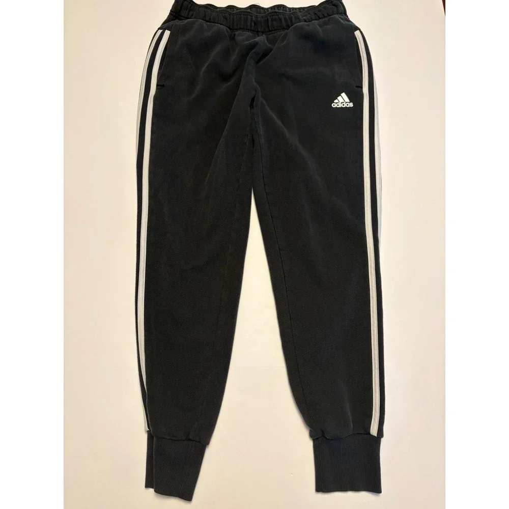 Adidas Fleece Joggers Mens Small Black 3-Stripe Cuffed Sweatpants